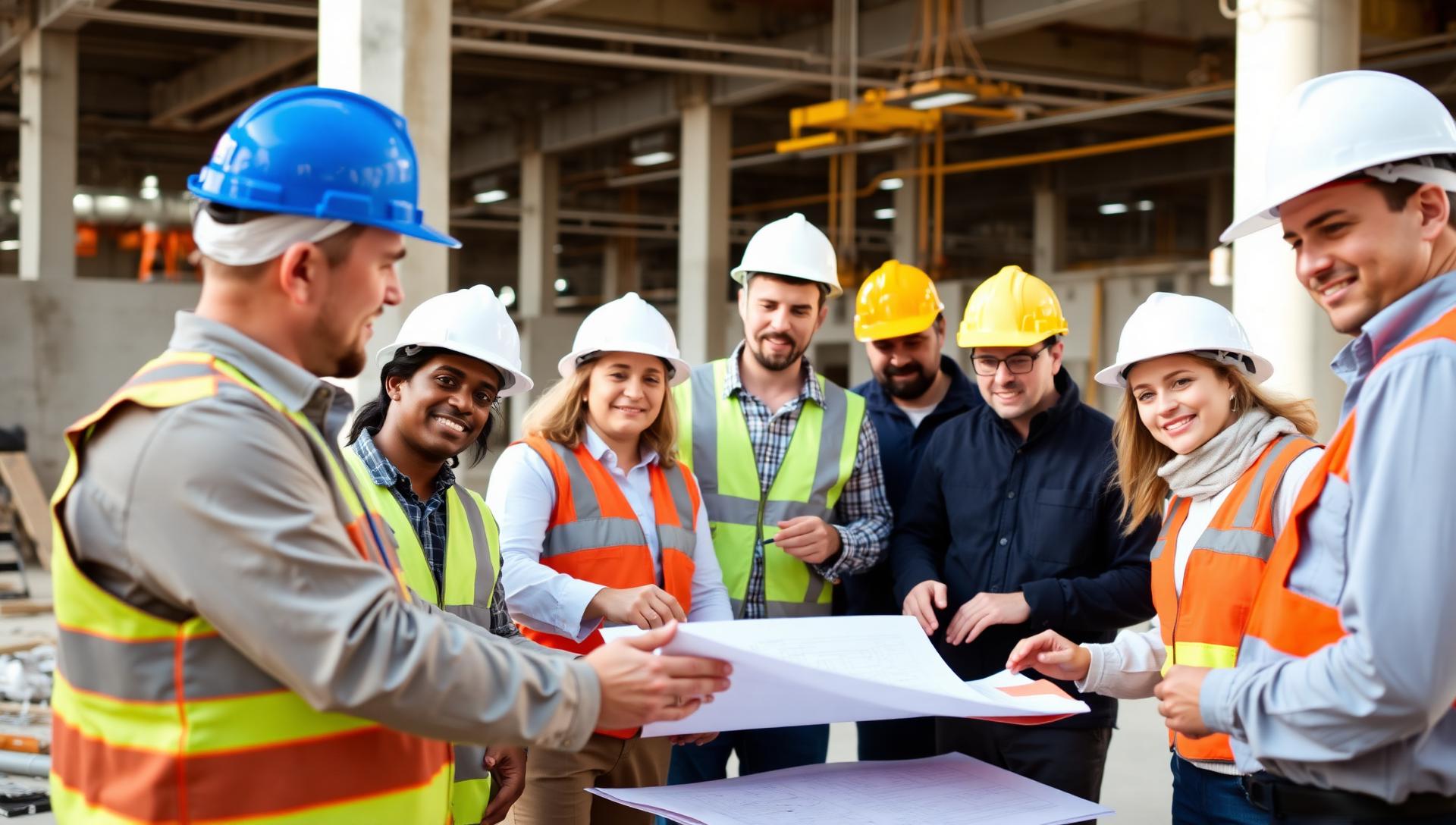 Diverse group of construction and industrial professionals in hard hats reviewing plans on a jobsite