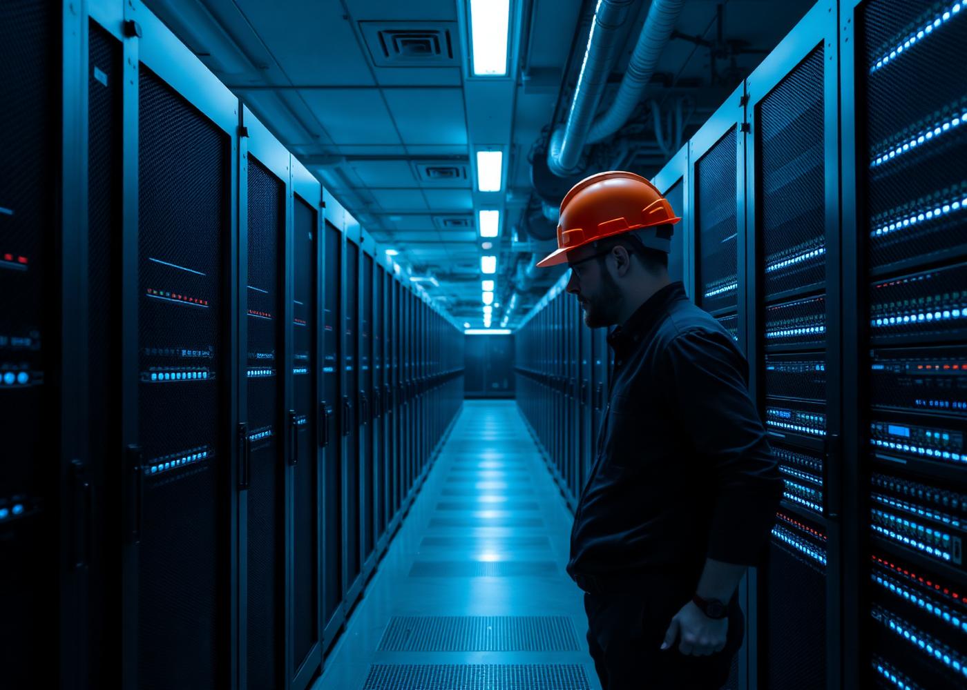 Technician in a hard hat inspecting server racks inside a data center